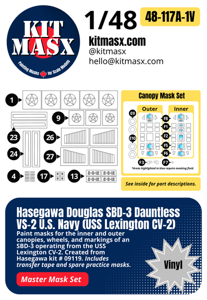 Hasegawa Douglas SBD-3 Dauntless VS-2 U.S. Navy (USS Lexington CV-2) 1/48 All-in-One Master Mask Set, Kit # 09119
