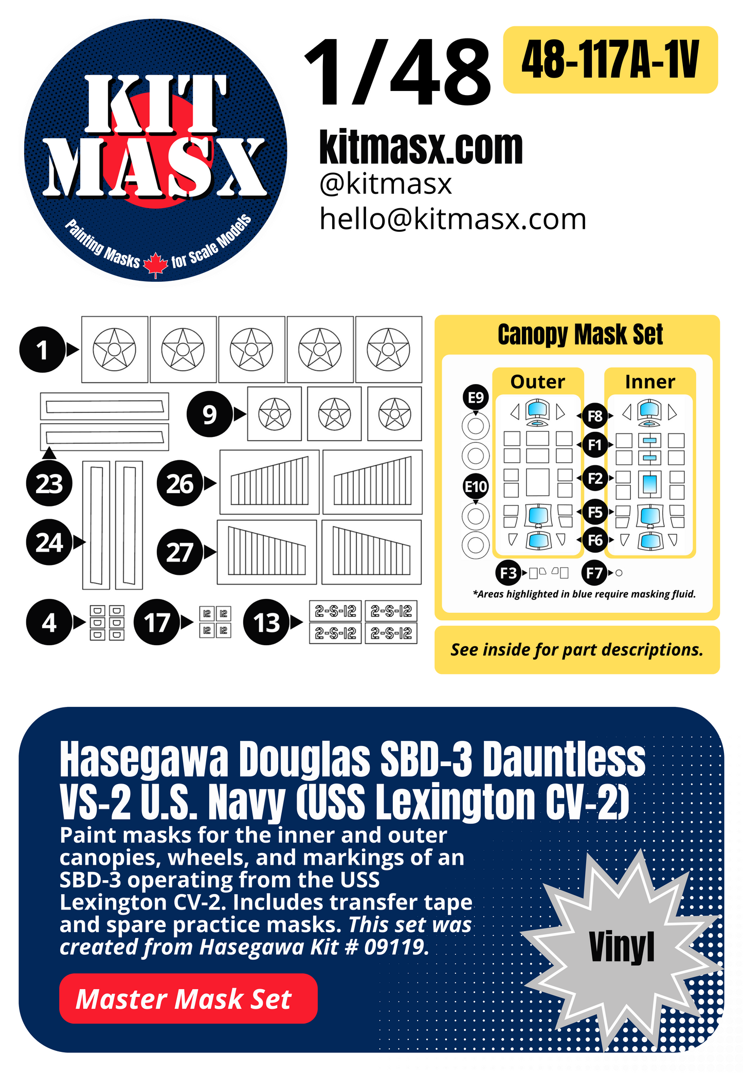 Hasegawa Douglas SBD-3 Dauntless VS-2 U.S. Navy (USS Lexington CV-2) 1/48 All-in-One Master Mask Set, Kit # 09119