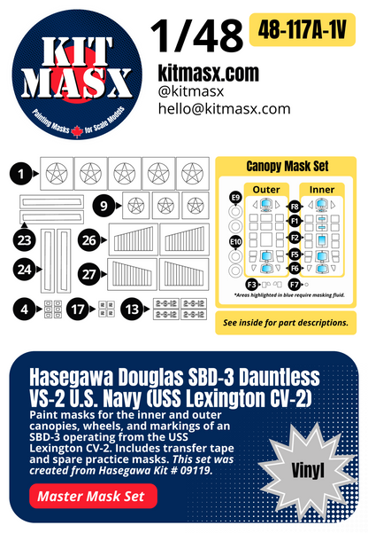 Hasegawa Douglas SBD-3 Dauntless VS-2 U.S. Navy (USS Lexington CV-2) 1/48 All-in-One Master Mask Set, Kit # 09119