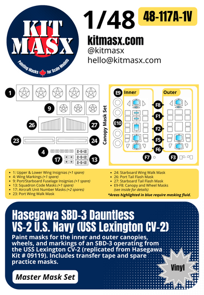 Hasegawa SBD-1/3/4, A-24A Dauntless 1/48 Canopy & Main Marking Paint Masks, Kit # 09119