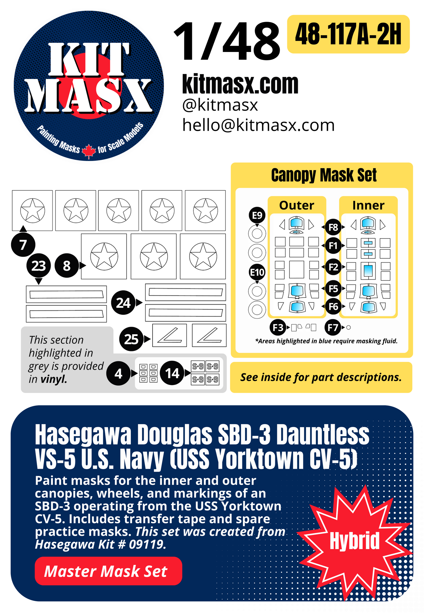 Hasegawa Douglas SBD-3 Dauntless VS-5 U.S. Navy (USS Yorktown CV-5) 1/48 All-in-One Master Mask Set, Kit # 09119