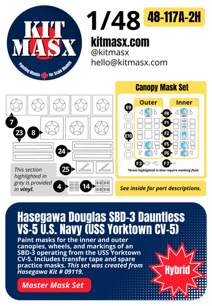 Hasegawa Douglas SBD-3 Dauntless VS-5 U.S. Navy (USS Yorktown CV-5) 1/48 All-in-One Master Mask Set, Kit # 09119