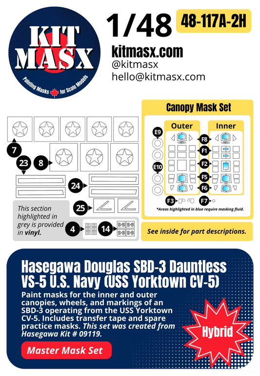 Hasegawa Douglas SBD-3 Dauntless VS-5 U.S. Navy (USS Yorktown CV-5) 1/48 All-in-One Master Mask Set, Kit # 09119