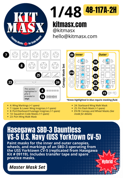 Hasegawa SBD-1/3/4, A-24A Dauntless 1/48 Canopy & Main Marking Paint Masks, Kit # 09119