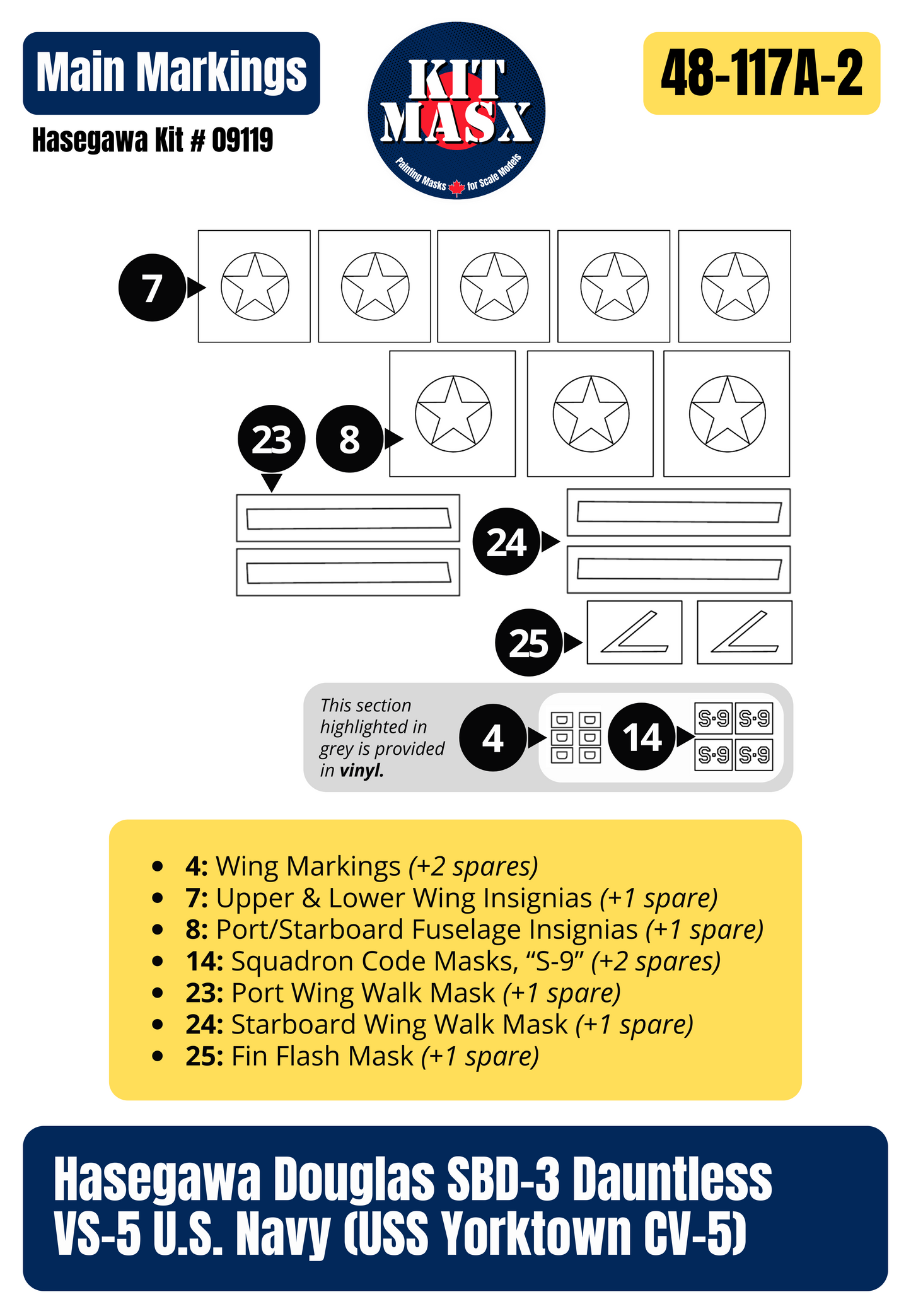 Hasegawa Douglas SBD-3 Dauntless VS-5 U.S. Navy (USS Yorktown CV-5) 1/48 All-in-One Master Mask Set, Kit # 09119