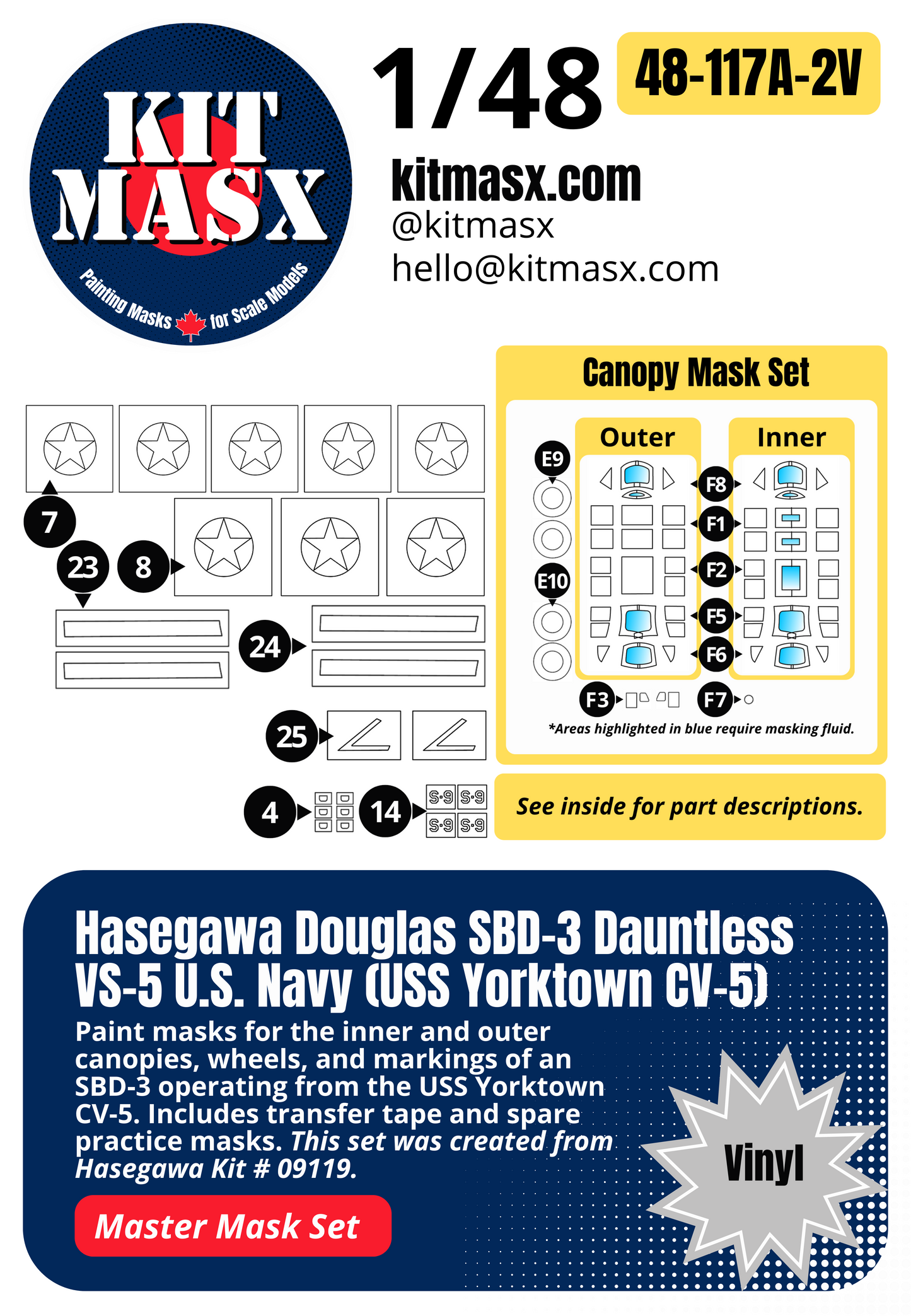 Hasegawa Douglas SBD-3 Dauntless VS-5 U.S. Navy (USS Yorktown CV-5) 1/48 All-in-One Master Mask Set, Kit # 09119