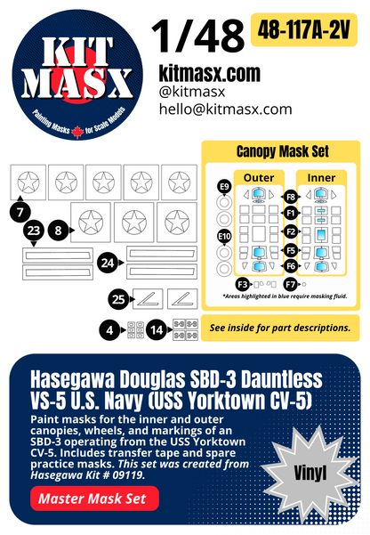 Hasegawa Douglas SBD-3 Dauntless VS-5 U.S. Navy (USS Yorktown CV-5) 1/48 All-in-One Master Mask Set, Kit # 09119