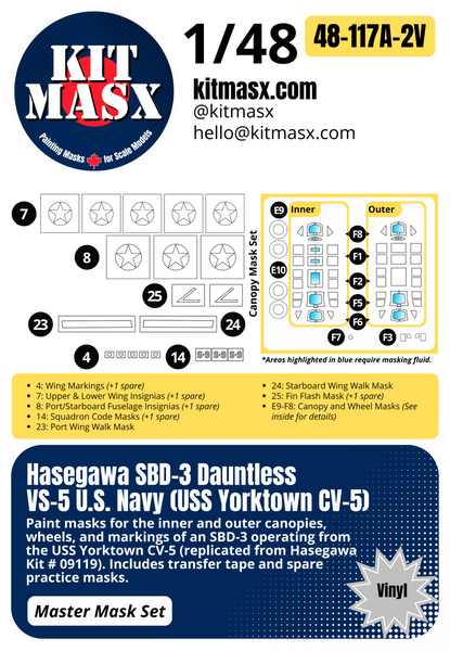 Hasegawa SBD-1/3/4, A-24A Dauntless 1/48 Canopy & Main Marking Paint Masks, Kit # 09119