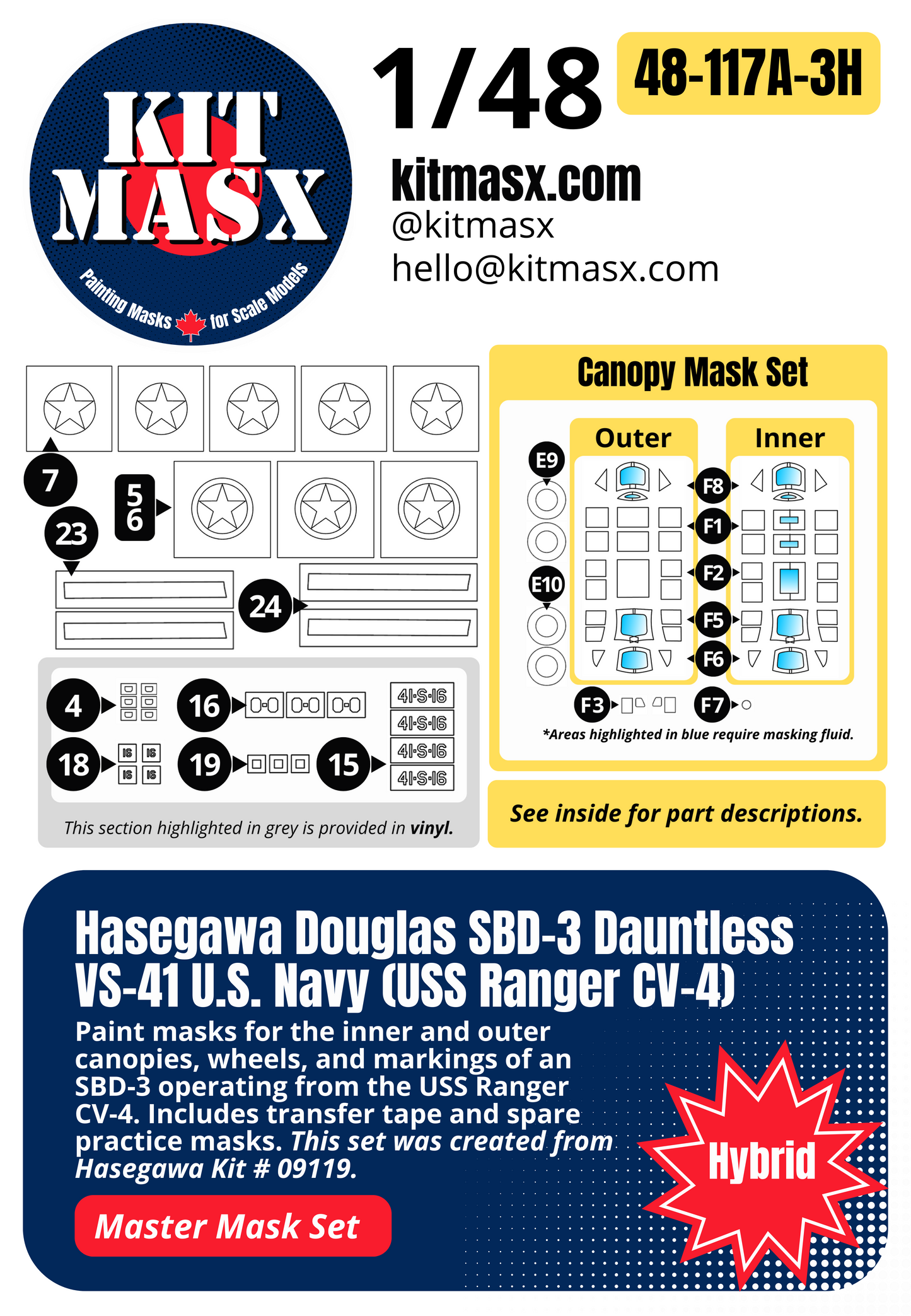 Hasegawa Douglas SBD-3 Dauntless VS-41 U.S. Navy (USS Ranger CV-4) 1/48 All-in-One Master Mask Set, Kit # 09119