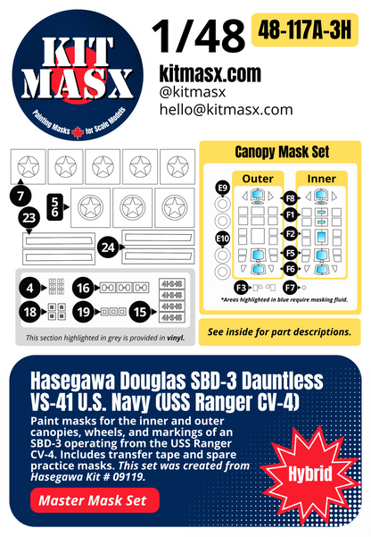 Hasegawa Douglas SBD-3 Dauntless VS-41 U.S. Navy (USS Ranger CV-4) 1/48 All-in-One Master Mask Set, Kit # 09119