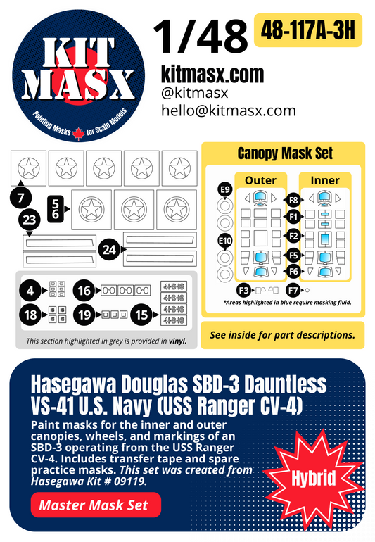 Hasegawa Douglas SBD-3 Dauntless VS-41 U.S. Navy (USS Ranger CV-4) 1/48 All-in-One Master Mask Set, Kit # 09119