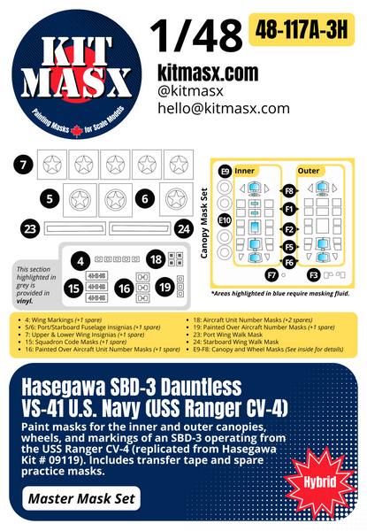 Hasegawa SBD-1/3/4, A-24A Dauntless 1/48 Canopy & Main Marking Paint Masks, Kit # 09119