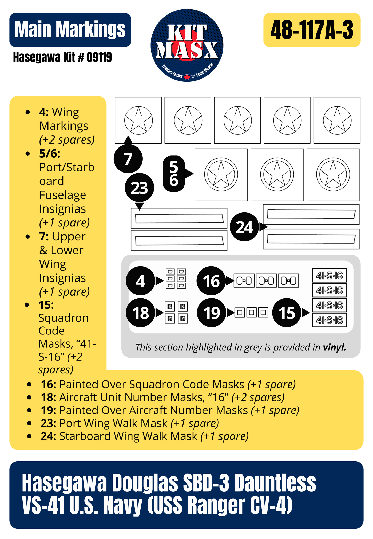 Hasegawa Douglas SBD-3 Dauntless VS-41 U.S. Navy (USS Ranger CV-4) 1/48 All-in-One Master Mask Set, Kit # 09119