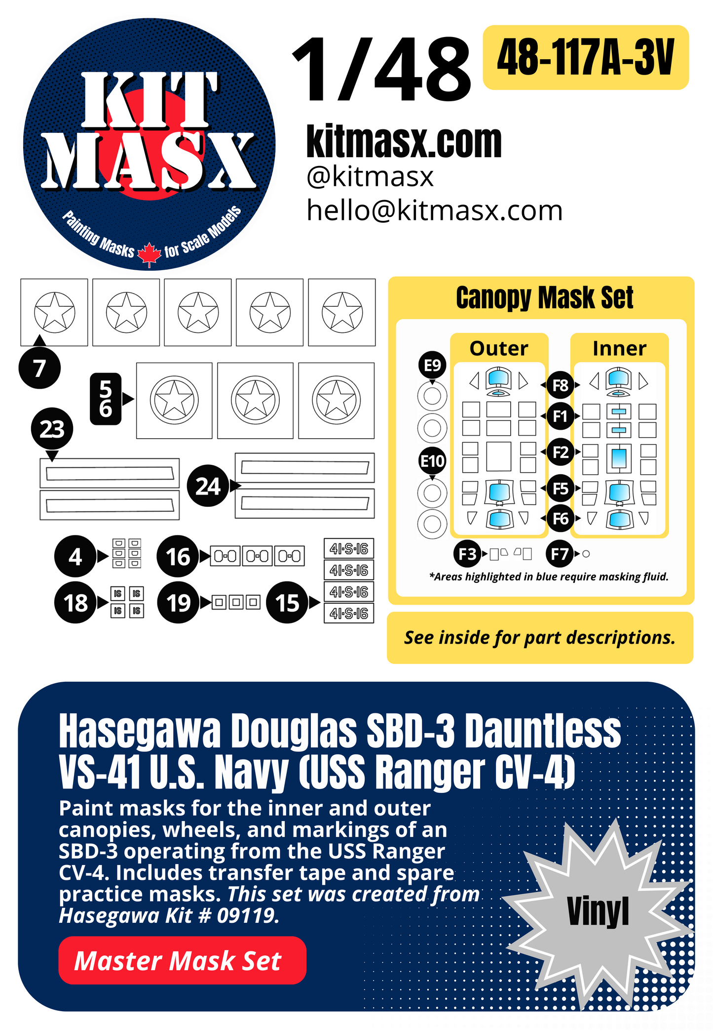 Hasegawa Douglas SBD-3 Dauntless VS-41 U.S. Navy (USS Ranger CV-4) 1/48 All-in-One Master Mask Set, Kit # 09119