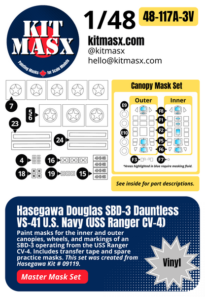Hasegawa Douglas SBD-3 Dauntless VS-41 U.S. Navy (USS Ranger CV-4) 1/48 All-in-One Master Mask Set, Kit # 09119