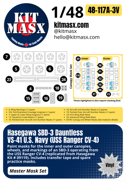 Hasegawa SBD-1/3/4, A-24A Dauntless 1/48 Canopy & Main Marking Paint Masks, Kit # 09119