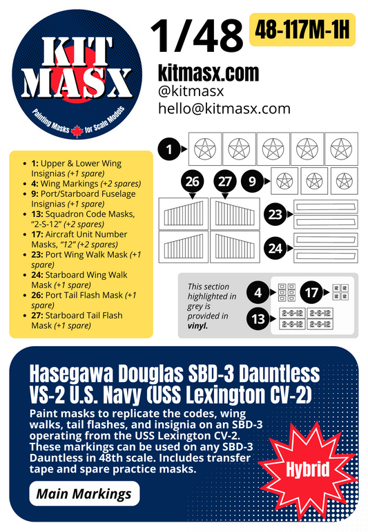 Hasegawa Douglas SBD-3 Dauntless VS-2 U.S. Navy (USS Lexington CV-2) 1/48 Main Marking Paint Masks, Kit # 09119