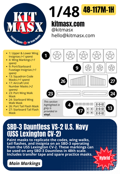 Hasegawa SBD-1/3/4, A-24A Dauntless 1/48 Canopy & Main Marking Paint Masks, Kit # 09119