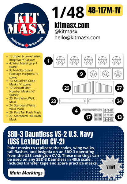 Hasegawa SBD-1/3/4, A-24A Dauntless 1/48 Canopy & Main Marking Paint Masks, Kit # 09119