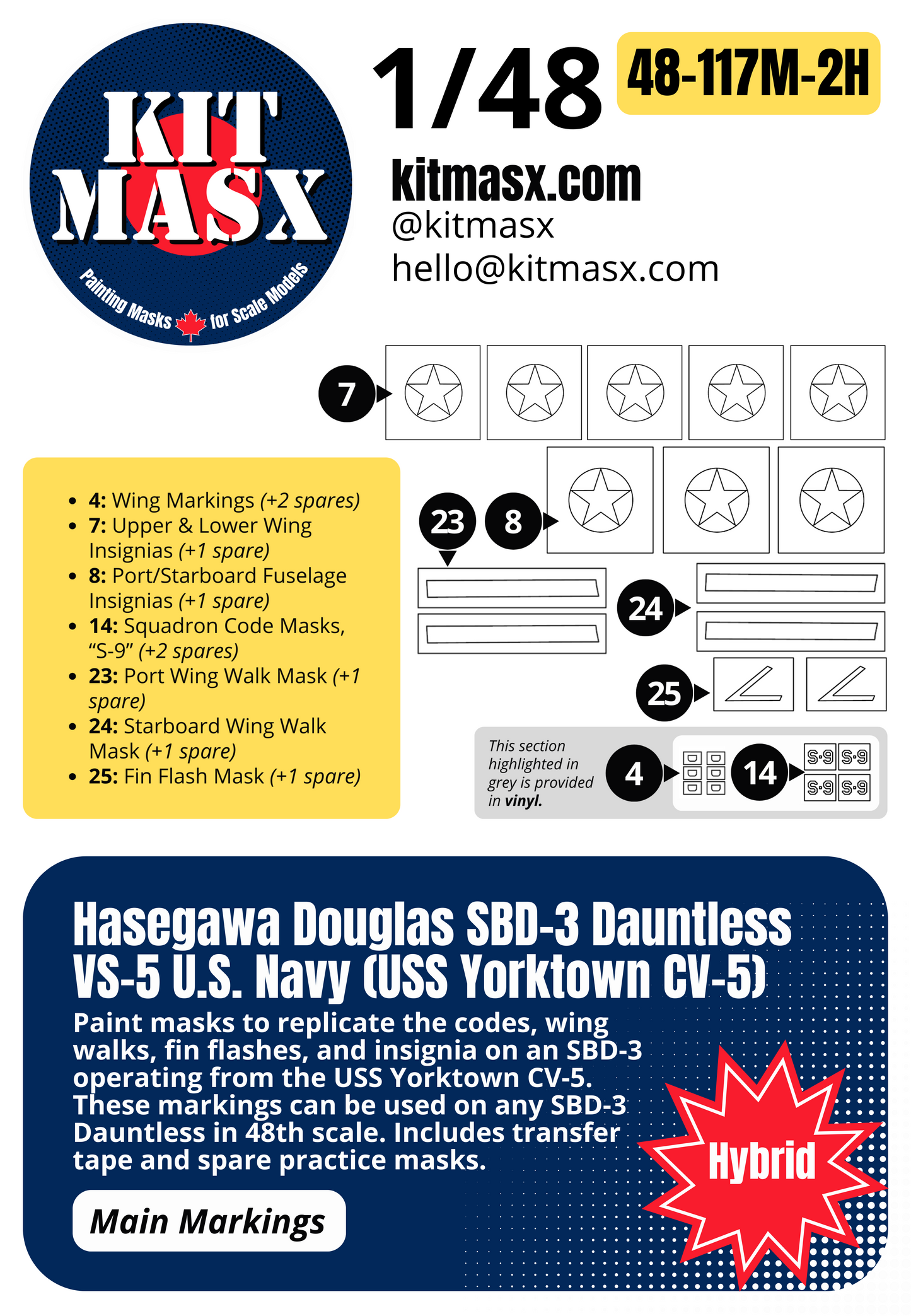 Hasegawa Douglas SBD-3 Dauntless VS-5 U.S. Navy (USS Yorktown CV-5) 1/48 Main Marking Paint Masks, Kit # 09119