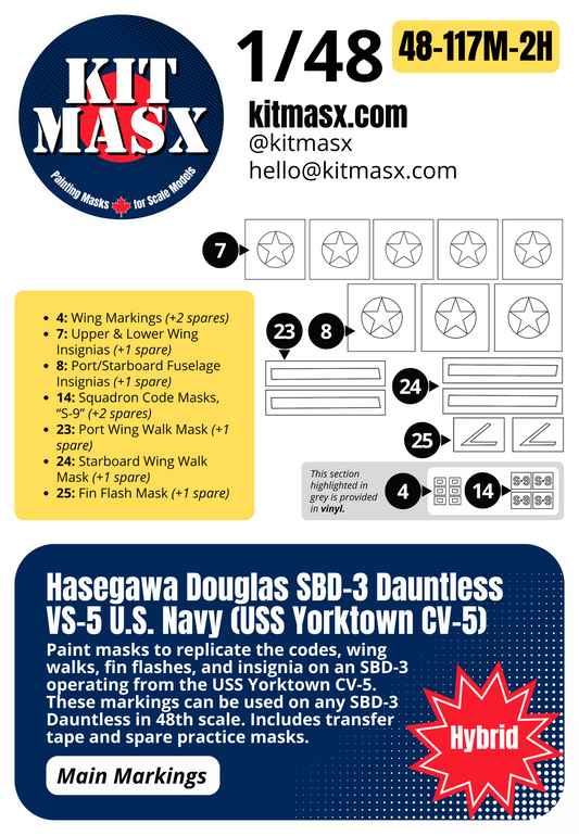 Hasegawa Douglas SBD-3 Dauntless VS-5 U.S. Navy (USS Yorktown CV-5) 1/48 Main Marking Paint Masks, Kit # 09119