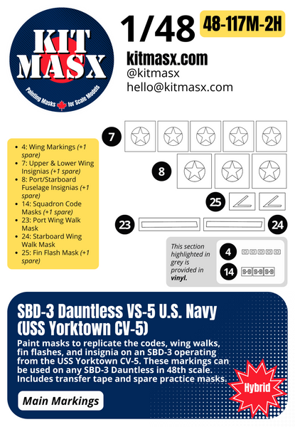 Hasegawa SBD-1/3/4, A-24A Dauntless 1/48 Canopy & Main Marking Paint Masks, Kit # 09119