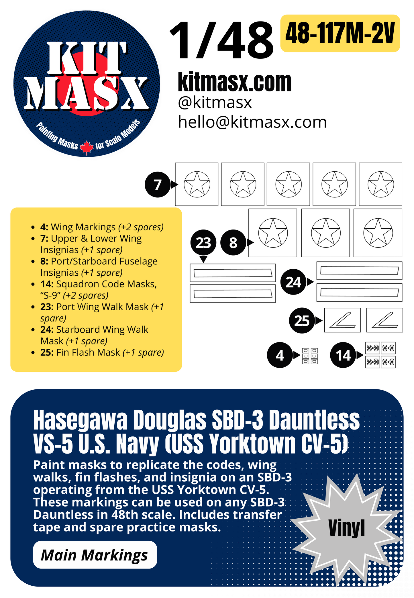Hasegawa Douglas SBD-3 Dauntless VS-5 U.S. Navy (USS Yorktown CV-5) 1/48 Main Marking Paint Masks, Kit # 09119