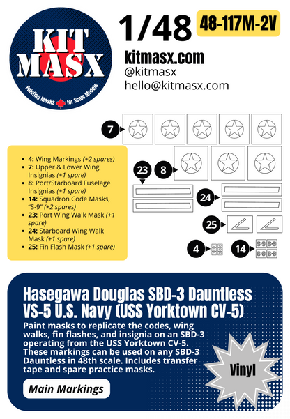 Hasegawa Douglas SBD-3 Dauntless VS-5 U.S. Navy (USS Yorktown CV-5) 1/48 Main Marking Paint Masks, Kit # 09119