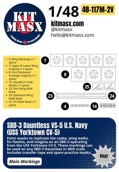 Hasegawa SBD-1/3/4, A-24A Dauntless 1/48 Canopy & Main Marking Paint Masks, Kit # 09119