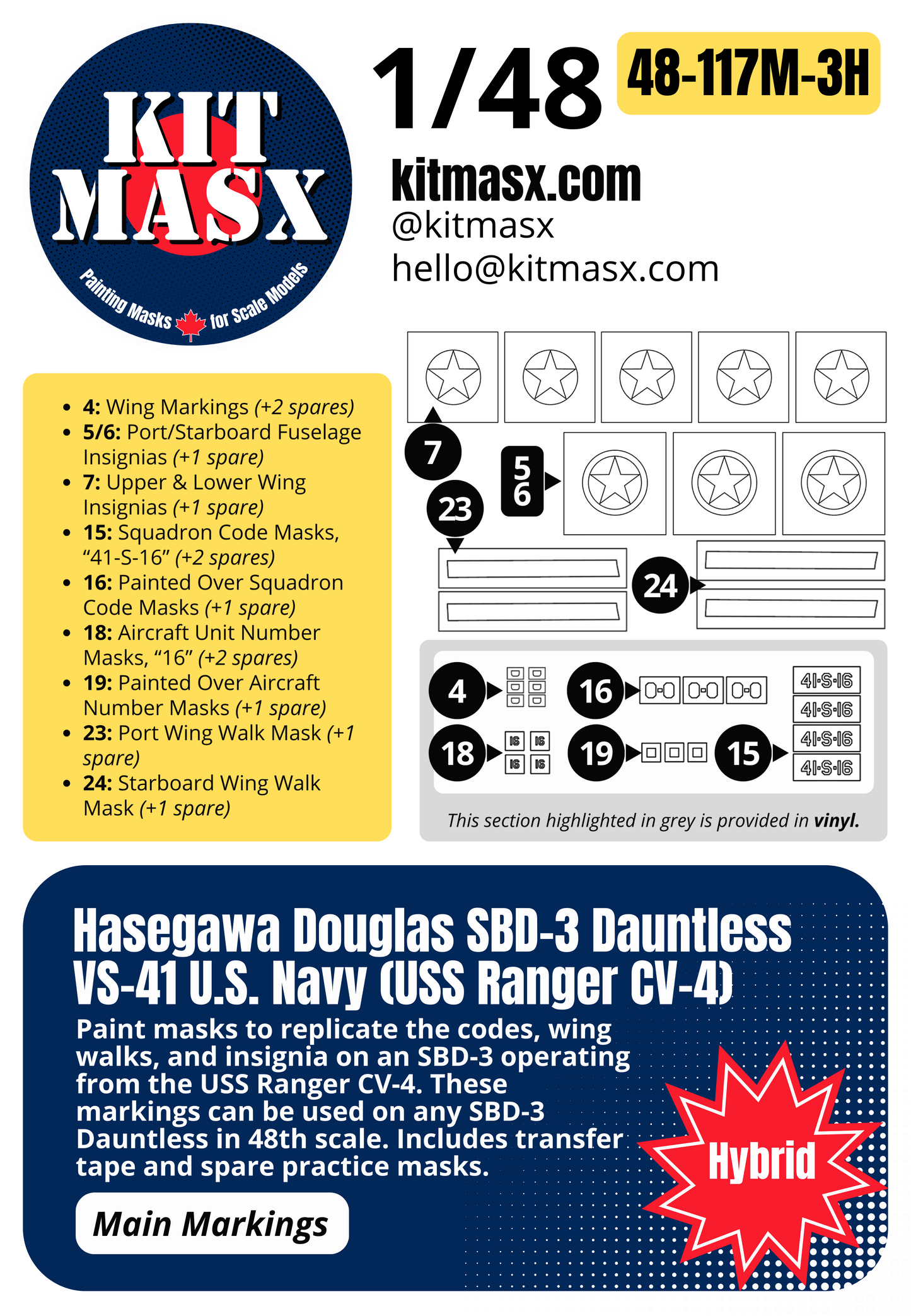 Hasegawa Douglas SBD-3 Dauntless VS-41 U.S. Navy (USS Ranger CV-4) 1/48 Main Marking Paint Masks, Kit # 09119