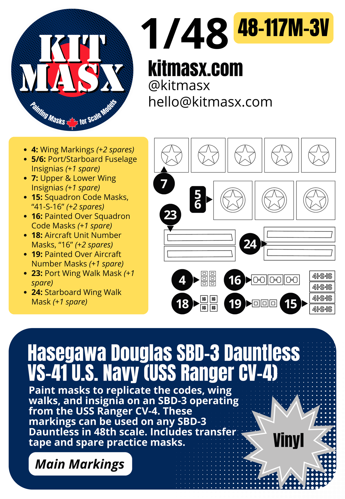 Hasegawa Douglas SBD-3 Dauntless VS-41 U.S. Navy (USS Ranger CV-4) 1/48 Main Marking Paint Masks, Kit # 09119