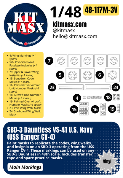 Hasegawa SBD-1/3/4, A-24A Dauntless 1/48 Canopy & Main Marking Paint Masks, Kit # 09119