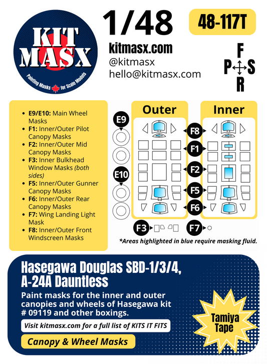 Hasegawa Douglas SBD-1/3/4, A-24A Dauntless 1/48 Canopy & Wheel Paint Masks, Kit # 09119