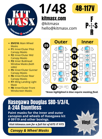 Hasegawa Douglas SBD-1/3/4, A-24A Dauntless 1/48 Canopy & Wheel Paint Masks, Kit # 09119