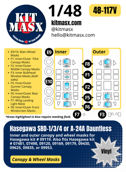 Hasegawa SBD-1/3/4, A-24A Dauntless 1/48 Canopy & Main Marking Paint Masks, Kit # 09119