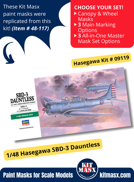 Hasegawa SBD-1/3/4, A-24A Dauntless 1/48 Canopy & Main Marking Paint Masks, Kit # 09119