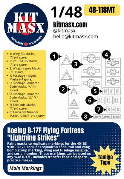 Boeing B-17F Flying Fortress "Lightning Strikes" 1/48 Main Marking Paint Masks, KW148087