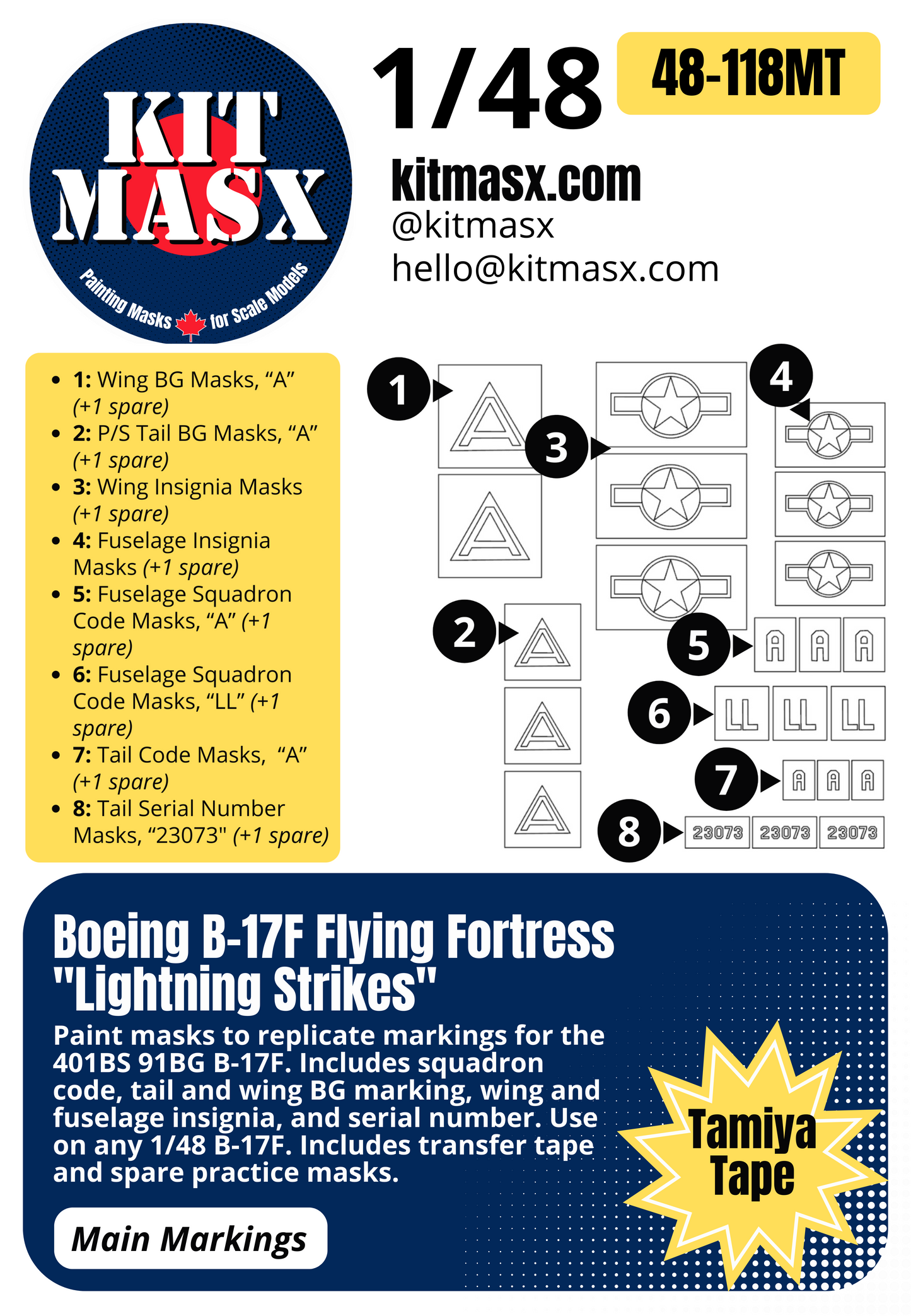 Boeing B-17F Flying Fortress "Lightning Strikes" 1/48 Main Marking Paint Masks, KW148087