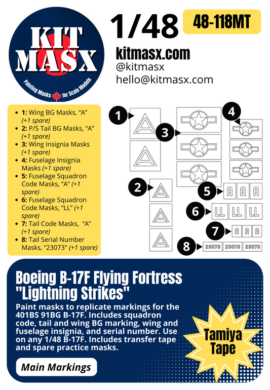 Boeing B-17F Flying Fortress "Lightning Strikes" 1/48 Main Marking Paint Masks, KW148087