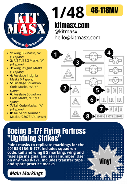 Boeing B-17F Flying Fortress "Lightning Strikes" 1/48 Main Marking Paint Masks, KW148087