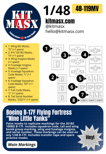 Boeing B-17F Flying Fortress "Nine Little Yanks" 1/48 Main Marking Paint Masks, KW148032