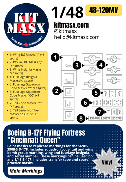 Boeing B-17F Flying Fortress "Cincinnati Queen" 1/48 Main Marking Paint Masks, PYND48009