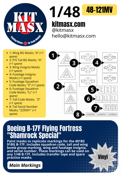 Boeing B-17F Flying Fortress "Shamrock Special" 1/48 Main Marking Paint Masks, KW148010