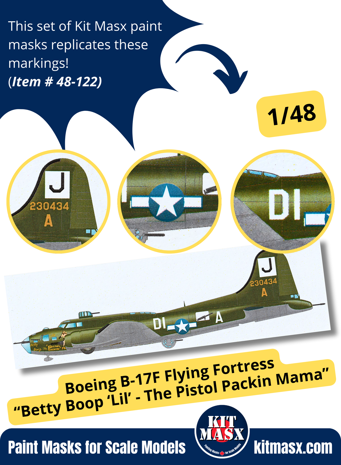 Boeing B-17F Flying Fortress “Betty Boop ‘Lil’ - The Pistol Packin Mama”  1/48 Main Marking Paint Masks, KW148048