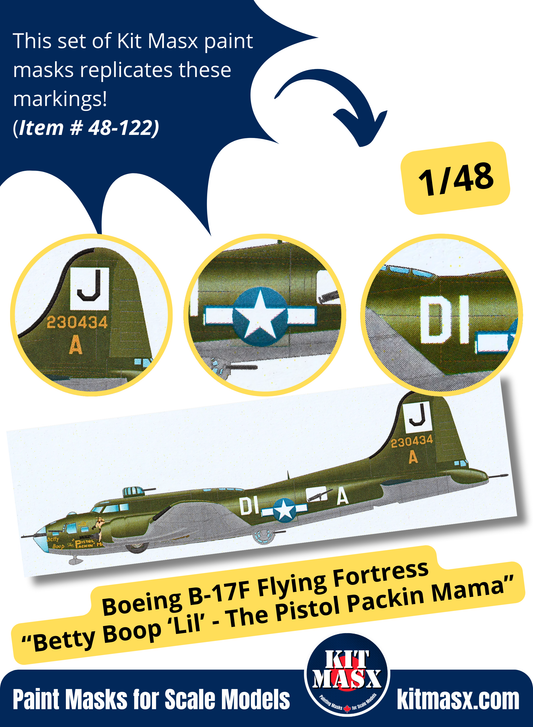 Boeing B-17F Flying Fortress “Betty Boop ‘Lil’ - The Pistol Packin Mama”  1/48 Main Marking Paint Masks, KW148048