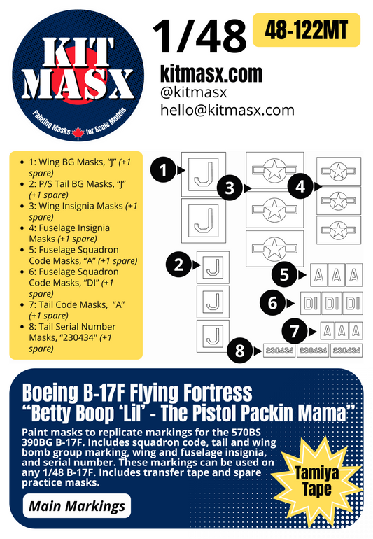 Boeing B-17F Flying Fortress “Betty Boop ‘Lil’ - The Pistol Packin Mama”  1/48 Main Marking Paint Masks