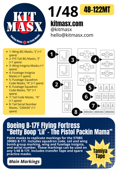 Boeing B-17F Flying Fortress “Betty Boop ‘Lil’ - The Pistol Packin Mama”  1/48 Main Marking Paint Masks, KW148048