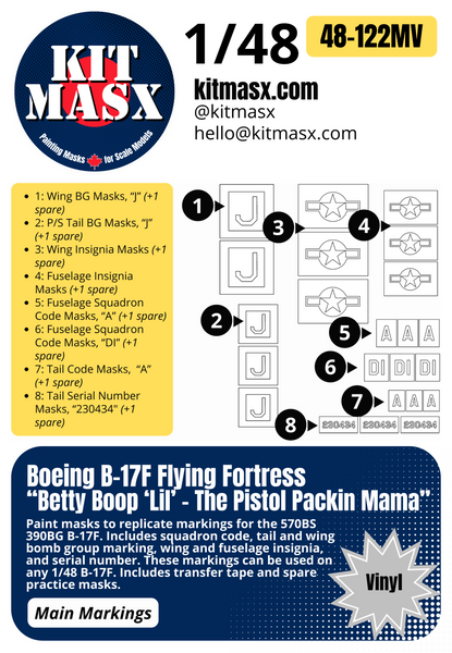 Boeing B-17F Flying Fortress “Betty Boop ‘Lil’ - The Pistol Packin Mama”  1/48 Main Marking Paint Masks, KW148048