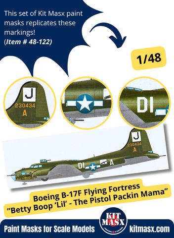 Boeing B-17F Flying Fortress “Betty Boop ‘Lil’ - The Pistol Packin Mama”  1/48 Main Marking Paint Masks, KW148048