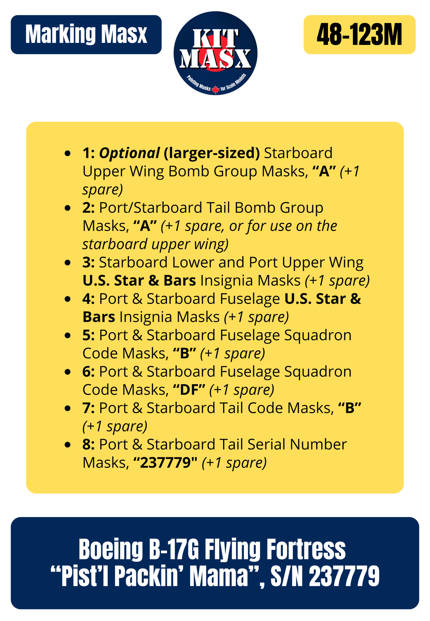 Boeing B-17G Flying Fortress “Pist'l Packin' Mama”, S/N 237779 1/48 Main Marking Paint Masks